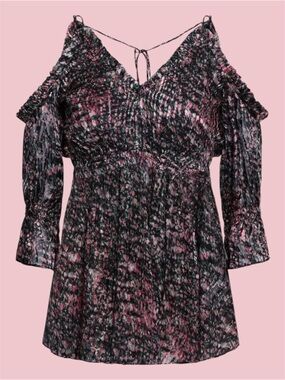 IRO Eldan Black and Pink Patterned Cold-Shoulder V-Neck Sheer Tunic